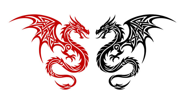 Red and Black Tribal Dragon Silhouette Facing Each Other