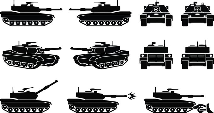 Various Tank Silhouettes Showing Different Views And Actions military vehicle