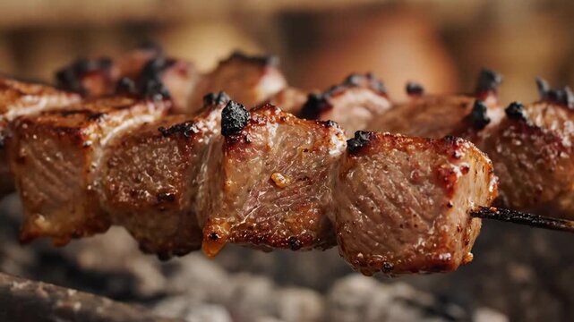 Macro close-up shot of delicious, juicy beef shish kebab skewers grilling over hot charcoal, showing perfectly cooked, seasoned chunks of meat ready for a barbecue or restaurant meal.