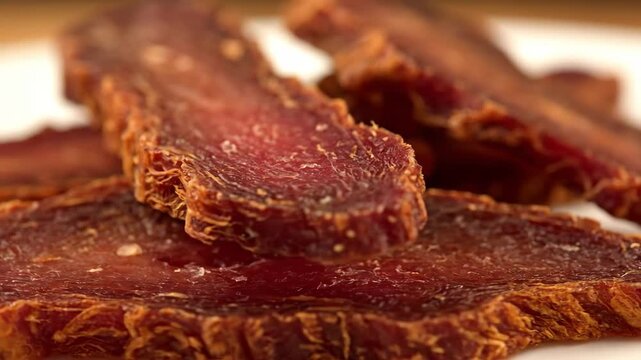 Extreme close-up macro shot of savory dried cured meat jerky slices showing detailed texture and seasoning on a white background