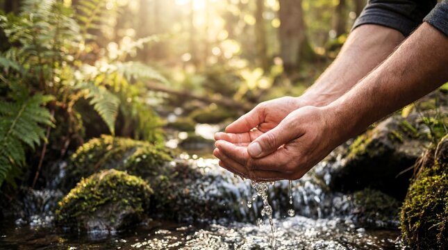 A person cupping their hands to catch water from a serene forest stream with mossy rocks and lush greenery