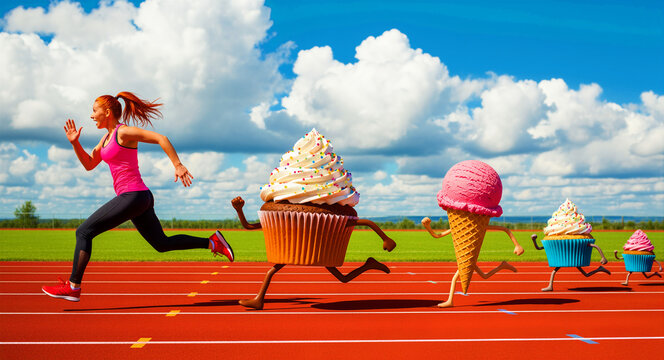 Woman running on track being chased by giant cupcakes and ice cream. Surreal fitness concept of escaping dessert temptation during workout. Diet and willpower theme for health marketing campaigns.