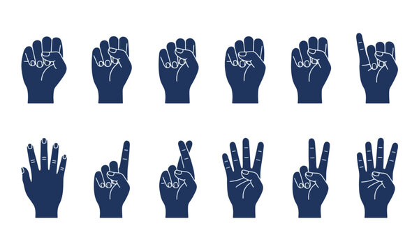Hand gestures and counting finger silhouettes set on white background