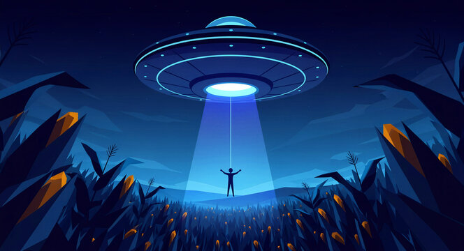 UFO hovering over a cornfield and abducting a person with a bright tractor beam. Silhouetted man floating upward towards a glowing spaceship. Science fiction mystery concept for paranormal themes.