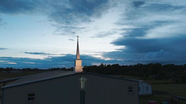 Evening View Of Cornerstone Baptist Church In Gentry, Arkansas, United States. Aerial Pullback Shot