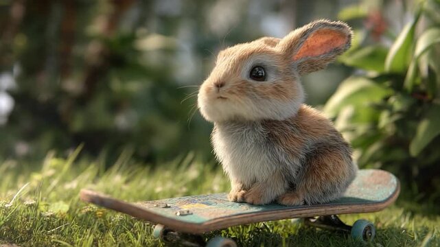 Rabbit's Rad Ride: A fluffy bunny balances confidently on a skateboard, embodying playful joy and carefree spirit within a sun-dappled garden.