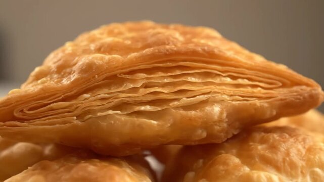 Macro shot of golden brown crispy deep-fried savory pastries, like chebureki or mini samosas, stacked for serving
