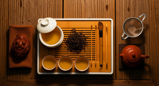 Traditional Chinese Gongfu tea ceremony set on a bamboo tray. Top-down view featuring clay teapot, gaiwan, and ceramic cups. Zen wellness theme, ideal for hospitality and lifestyle marketing.