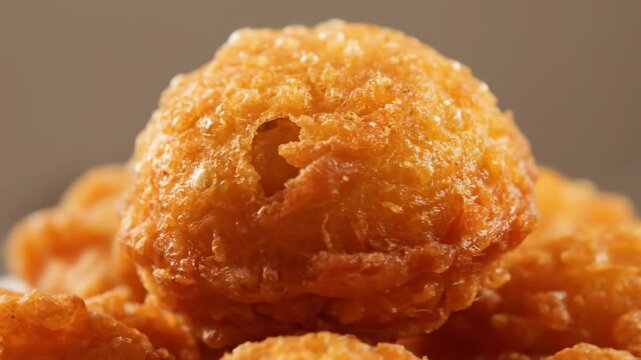 Extreme close-up macro shot of crispy golden brown deep-fried food fritter, highlighting the crunchy texture of the battered surface.