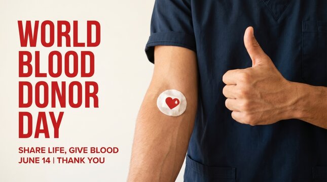 World Blood Donor Day poster with male donor showing thumbs up, medical volunteer with heart bandage on arm, June 14 blood donation campaign