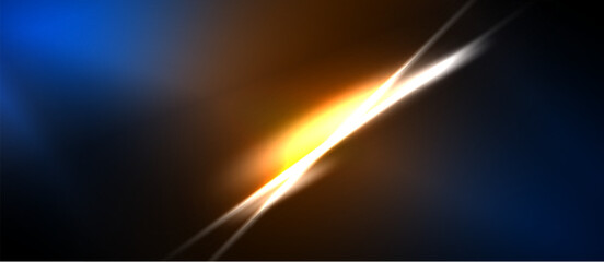 Naklejka premium Abstract energy flow. Bright light streaks contrast dark blue, orange hues. Dynamic composition suggests speed, power.