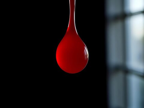 Crimson slobber droplet, impossibly sharp, suspended mid-air, against ebony void,  pet,  dark