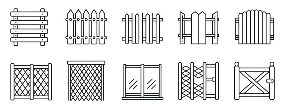Residential and agricultural fencing collection, hand drawn exterior boundary fences and wooden gate elements for landscaping design illustration