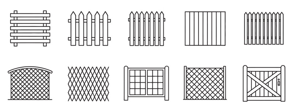 Residential and agricultural fencing set, hand drawn monoline fence and wooden gate elements for landscape architecture and property planning