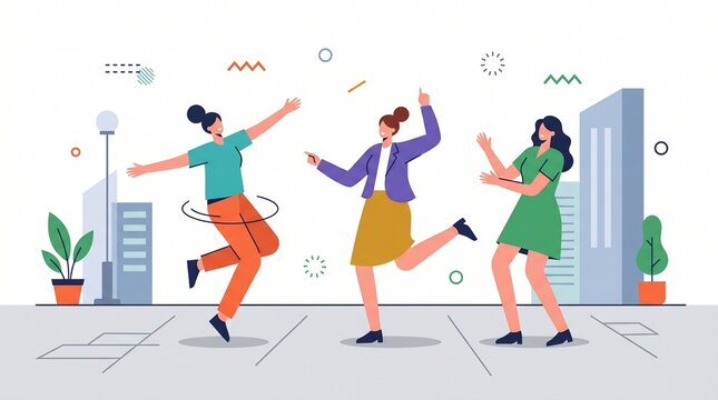 Flat vector illustration of three young women dancing on the street, expressing joy, freedom, movement, and urban friendship with vibrant energy and colorful outfits.