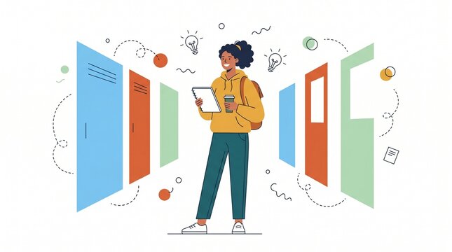 Flat vector illustration of a young adult student woman in a school hallway smiling, capturing lifestyle and university education concepts with confidence, happiness, and academic ambition.
