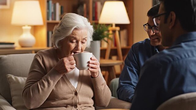 Elderly woman drinks tea while talking to two young men inside cozy living room. This scene captures warm family bonding and intergenerational connection. Perfect for healthcare or lifestyle media.
