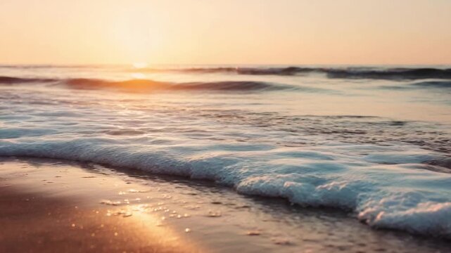Sunset Serenity at the Shoreline: The sun dips below the horizon, casting a warm glow across gentle waves as they caress the shore, evoking a sense of tranquility and peace.