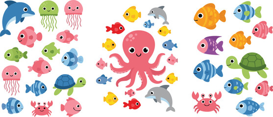 Cute cartoon ocean animals collection featuring octopus dolphin fish jellyfish crab and turtle, colorful marine life vector illustration set for kids design projects © Bokul