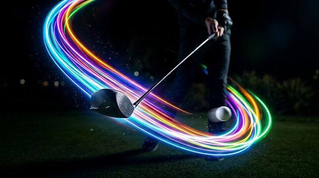 Golfer swinging a club at night with vibrant rainbow light trails capturing motion and speed in sports