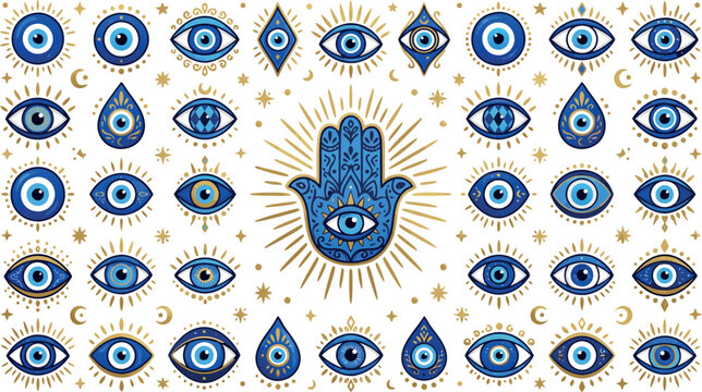 Hand Drawn Evil Eye and Hamsa Hand Illustration Set Featuring Mystical Blue Nazar Amulets with Celestial Gold Elements