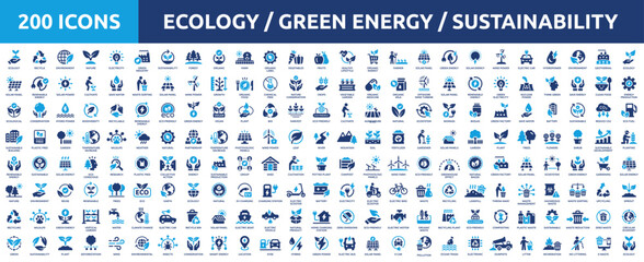 Naklejka premium Huge set of 200 solid icons. Mega collection concept of ecology, green energy, sustainability, eco and environment. Vector illustration.