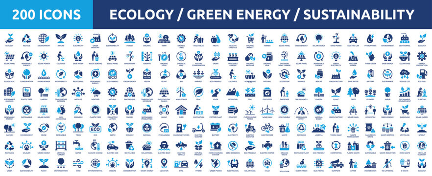 Huge set of 200 solid icons. Mega collection concept of ecology, green energy, sustainability, eco and environment. Vector illustration.