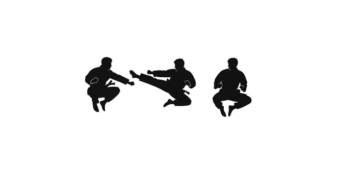 Karate martial arts silhouettes: attacker kicks, defenders pose on white background