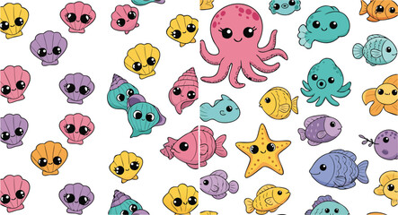 Cute cartoon ocean elements collection featuring fish octopus shells and starfish, colorful marine life vector illustration set for kids, stickers and playful design © Bokul