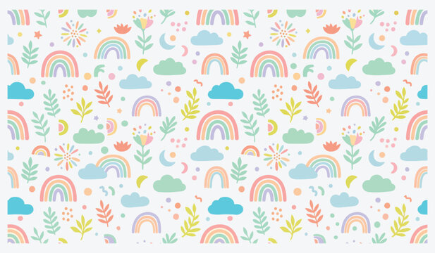 Pastel rainbow and floral pattern design on a white background
