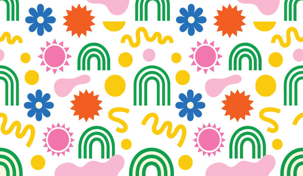 Seamless pattern with flowers suns rainbows and wavy shapes on white background