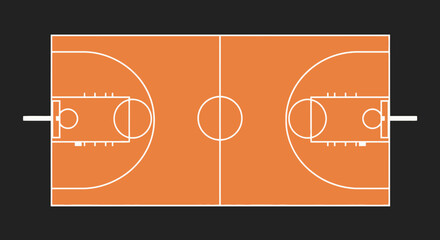 Basketball Court Top View Illustration with Orange and White Markings on Black Border © Surat