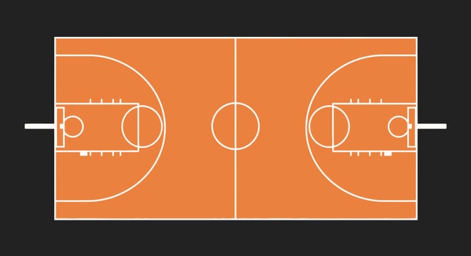 Basketball Court Top View Illustration with Orange and White Markings on Black Border