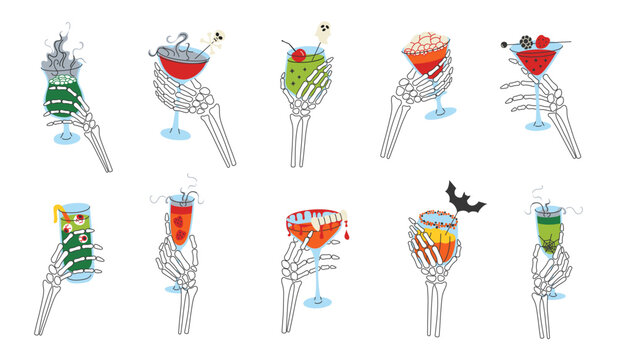 Halloween skeleton hands holding spooky cocktails set, flat cartoon bone hands with smoking potions, martini glasses, bloody drinks, vampire fangs cocktail. Horror party drinks vector illustration