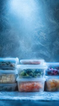 Stacked containers of frozen food items in a cold, frosty refrigerator