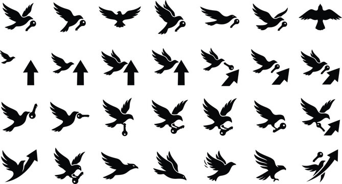 Minimalist bird silhouettes with keys and arrows, 28 black vector icons of flying doves and ravens, conceptual graphic elements for security and freedom
