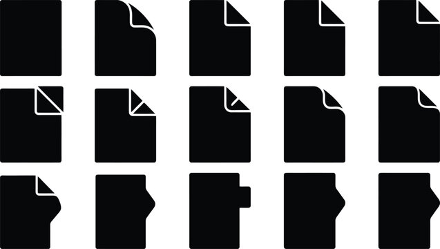 Eine Sammlung von minimalistischen schwarzen Vektor-Icons, die verschiedene Dateitypen und Dokumente mit gefalteten Ecken und Laschen darstellen.