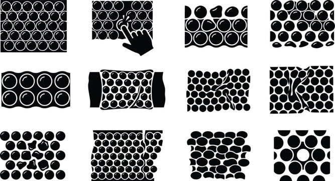 Bubble wrap icons set, black and white plastic packaging material symbols, 12 protective cushioning vector elements for shipping and logistics