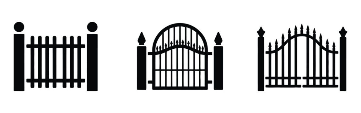 Three different iron gate designs with various arch and spike styles for fencing security purposes home and garden decoration ideas, detailed metal gate set with stylish arch shapes spike tops 