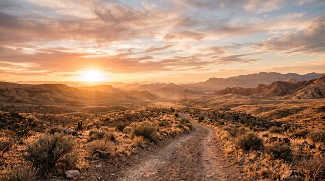 Winding dirt road through a mountain desert landscape at golden hour sunset.