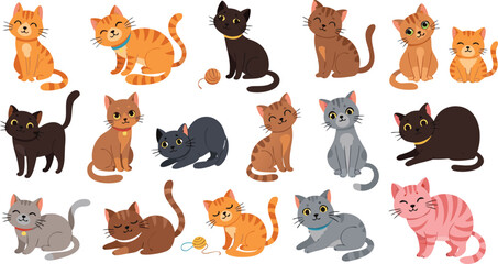 Cute cat character vector collection featuring hand drawn kittens in various poses including sitting, playing with yarn, and stretching for pet lover designs and stickers © Bokul