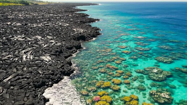 An aerial view showcases a dramatic coastline where black volcanic rock formations meet vibrant turquoise waters teeming with coral reefs.