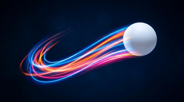 White sphere moving with glowing blue and orange light trails on a dark background representing speed motion