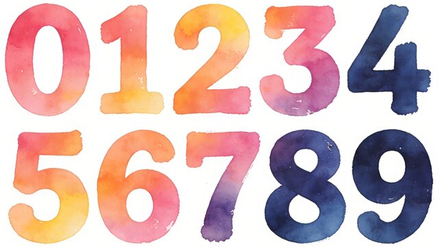 3D isometric number set 0-9 with Ink Wash texture, isolated on white background.