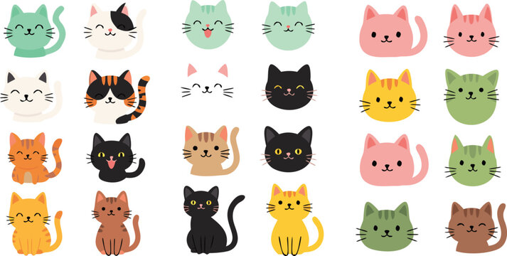 Cute cat faces and sitting kitty collection set with different colors and expressions, cartoon pet vector illustration for kids, stickers and design projects