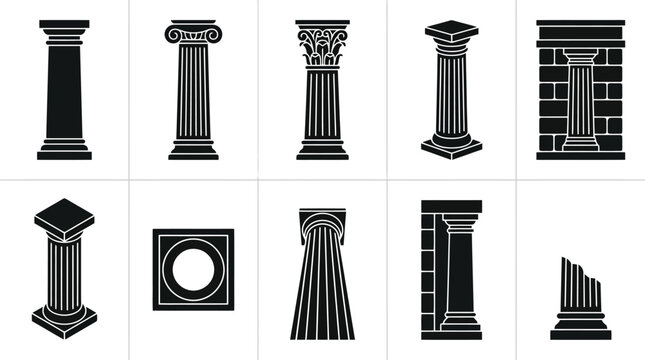 Eine Sammlung von zehn verschiedenen architektonischen S&auml;ulenstilen, die in Schwarzwei&szlig; dargestellt sind.