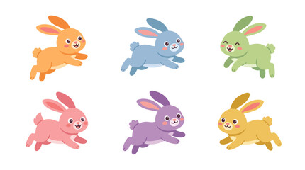 Naklejka premium Collection of six adorable, brightly colored cartoon rabbits hopping and running in various playful poses, perfect for Easter and spring themes