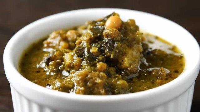 Close-up of rich green and yellow vegetable stew, possibly Persian or Indian curry, served in a white ramekin bowl, highlighting texture and ingredients like chickpeas and leafy greens.