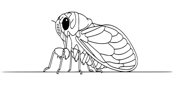 Black and white line drawing of a cicada insect standing on a surface in a minimalist flat vector style
