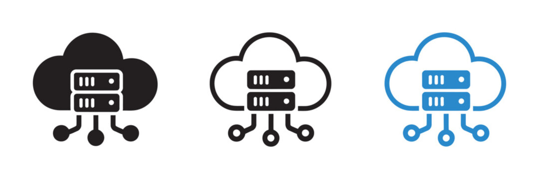 Cloud server network icon set, data storage computing digital infrastructure services modern technology solutions online connectivity vector illustration